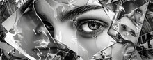 A striking black and white image of a woman's face seen through a shattered mirror. Perfect for conceptual or abstract designs