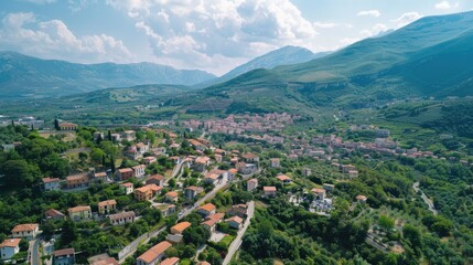 Poster - Aerial view of a picturesque mountain town, suitable for travel websites