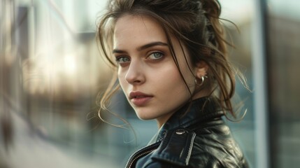 Poster - A woman in a leather jacket looking directly at the camera. Suitable for various concepts