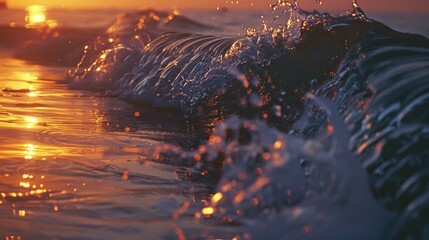 Poster - A close up view of a wave in the ocean at sunset. Suitable for nature and travel themes
