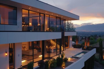 Poster - A picturesque scene of a house with a pool overlooking majestic mountains. Ideal for travel brochures or real estate promotions