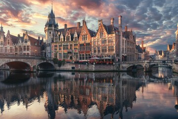 Poster - A scenic view of a river with a bridge and buildings in the background. Suitable for travel and architecture concepts