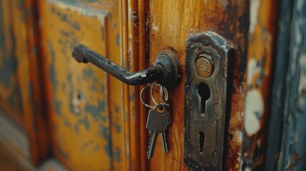 Poster - A close up of a door with a key, ideal for security concepts