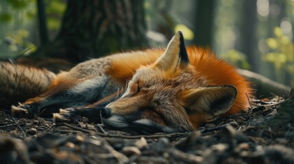 Aufkleber - Close up of a sleeping fox in the woods. Suitable for nature and wildlife themes