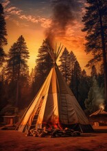 Perfect Calm Place In Nauture For Teepee Place, Perfect Colorful Light. Generative Ai.