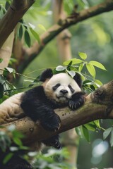 Aufkleber - A cute panda bear peacefully sleeping on a tree branch. Perfect for nature and wildlife concepts