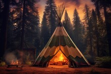 Teepee Tent In The Middle Of Calm Nature With Lot Of High Trees In The Night. Generative Ai.