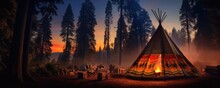 Teepee Tent In The Middle Of Calm Nature With Lot Of High Trees In The Night, Banner. Generative Ai.