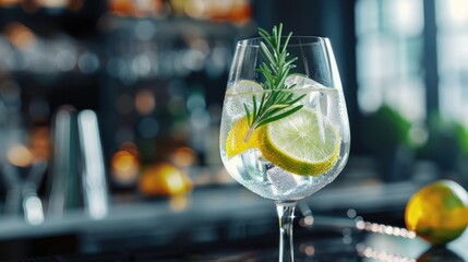 Poster - A glass of water with a slice of lemon and a sprig of rosemary. Perfect for health and wellness concepts