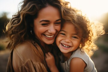 A woman embraces a little girl with a smile on her face, sharing a moment of joy and affection. The mother and daughter connection is evident in their warm embrace