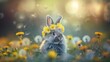 Cute little Easter bunny on a blooming meadow with daisies and dandelions. Spring flowers and green grass. Sun rays. Easter verse