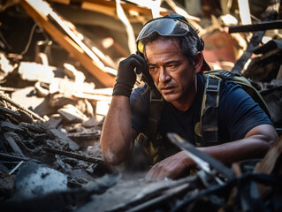 Dedicated rescue service man with helmet sifting through the remnants of a home destroyed by a natural disaster