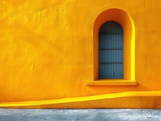 Golden Hues: A Vibrant Yellow Wall with a Solitary Blue Window