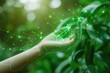 A digital hand with a network of connections cradles a glowing green leaf, illustrating the synergy between biotechnology and natural ecosystems.
