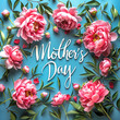© Attila - Mother's Day Greeting with Pink Peonies. Elegant handwritten 'Mother's Day' lettering surrounded by lush pink peonies on a soft blue background.