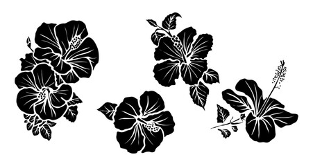 Sticker - Set of tropical hibiscus flower silhouettes. SVG clipart, cut file, icon, symbol for logo, tattoo, print design. Vector Black outline illustrations isolated on transparent background.