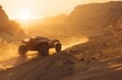 A dynamic image capturing a rugged off-road vehicle racing at high speed, kicking up dust in a desert with a stunning sunset backdrop
