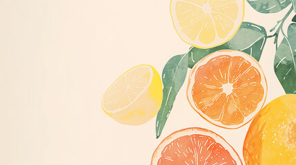 Watercolour Illustration of citrus fruits with a vintage feel on cream background. Healthy lifestyle and kitchen art concept. Design for recipe cards, cafe menus, and food blog headers.