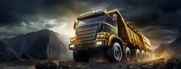 a huge dump truck driving through a dark field