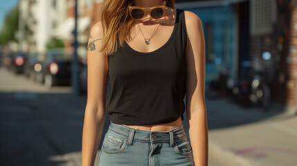 Attractive young woman wearing blank empty black tank top mockup for design template in the city street