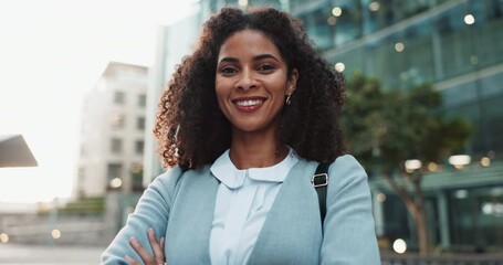 Poster - Face, businesswoman or arms crossed with city, commute or confidence for work by buildings. Employee, morning or street with town or pride with a happy entrepreneur and urban career or job at startup