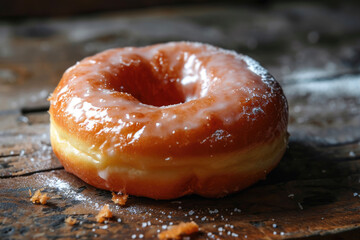 A donut with a glaze and a bite