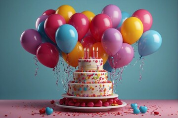 Festive cake with balloons and gifts