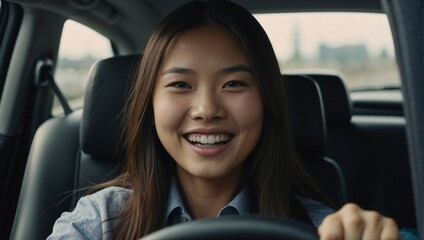 Happy smiling Asian beginner driver behind the wheel of a car