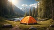 An image with an orange tourist tent in a sunny clearing on the bank of a mountain winding stream