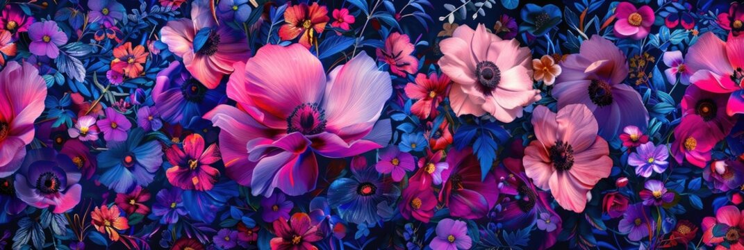 Explosion of colorful flowers in a pattern - A stunning floral explosion featuring a rich pattern of colorful flowers in a panoramic format
