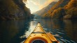 a kayak on a river with mountains in the background