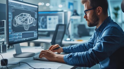 Poster - a man, wearing glasses, is working at a table in a building, designing a car using a computer. he fo
