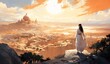 a woman in a white robe looking at a city