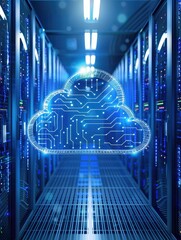 Poster - Cloud computing concept in server room - Glowing cloud computing icon inside a futuristic data center with racks of servers indicating cloud storage solutions