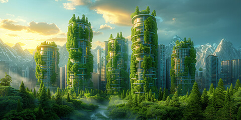 green eco city concept in the mountains, futuristic high-tech city with advanced infrastructure, science fiction cityscape