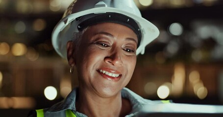 Poster - Architecture, woman and tablet in city at night for planning, infrastructure and project management. Mature boss or construction worker on checklist, inspection and digital technology for engineering