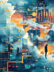 Poster - Futuristic cityscape with data and circuits - A vibrant, elaborate illustration of a futuristic cityscape overlaid with data, graphs, and circuit elements, representing advanced urban technology and d