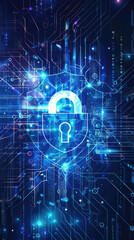 Poster - Digital cybersecurity lock on blue circuit board - Conceptual image of a digital padlock symbolizing internet security on a futuristic blue circuit board