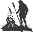 Silhouette ancient caveman in front bonfire black color only
