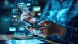 © Anna - Close-up of a person's hands holding a smartphone with digital credit card display and holographic data, symbolizing mobile payment security and technology.