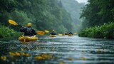 Fototapeta Przestrzenne - A group of paddlers are navigating their watercraft down a river