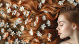 Fototapeta  - Young woman with cherry blossoms in her flowing auburn hair, top view copy space