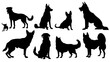 Minimalist Dog Silhouette: A Flat Illustration Featuring Dogs Sitting and Standing, Presented in Black on a Transparent PNG, Set Against a White Background.
