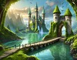 city that is covered in moss and surrounded by water with a large drawbridge door to a castle that is open- Two Moss Castles- Side City View