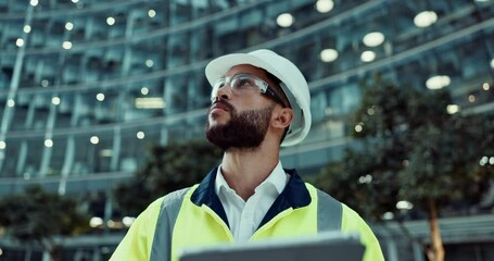 Leinwandbilder - Progress, man or architect on tablet in city to research for engineering, building or construction. Inspection check, night or contractor reading on development, project notification or architecture