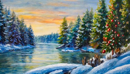 Wall Mural - christmas forest with river oil painting landscape