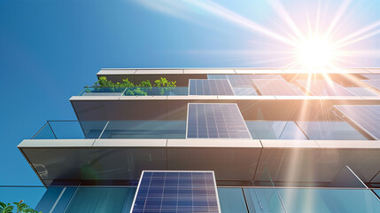 The modern apartment building features multiple balconies with solar panels attached for generating green energy