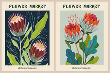 Set Of Abstract Flower Market Posters. Trendy Botanical Wall Art With Protea Flowers In Bright Colors. Modern Naive Groovy Funky Decorations, Paintings. Vector Illustration.
