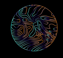 Poster - Neon holographic circle with warped and glitched texture of lines. Template for modern logotype or print.