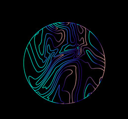 Poster - Neon holographic circle with warped and glitched texture of lines. Template for modern logotype or print.